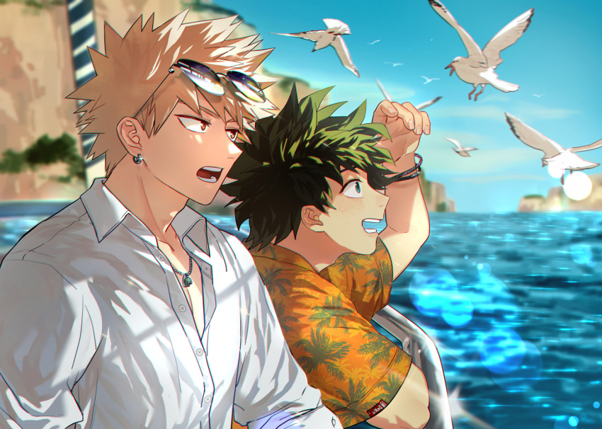 2boys adam's_apple arm_up bakugou_katsuki bird blonde_hair blue_sky blurry blurry_background boku_no_hero_academia bracelet buttons chain_necklace character_name chromatic_aberration cliff cloud collared_shirt commentary_request day diffraction_spikes dress_shirt earrings elbow_rest eyewear_on_head freckles glint green_eyes green_hair happy hawaiian_shirt horizon island jewelry leaf_print leaning_forward lens_flare light looking_afar looking_ahead looking_away male_focus midoriya_izuku mirrored_text multiple_boys namarigenshi necklace no_scar ocean open_collar open_mouth outdoors palm_tree_print partial_commentary partially_unbuttoned pendant profile railing red_eyes sanpaku seagull shading_eyes ship shirt short_hair short_sleeves side-by-side sidelighting sideways_mouth sky smile sparkle spiked_hair sunglasses sunlight upper_body vacation valentine watercraft white_bird white_shirt wing_collar