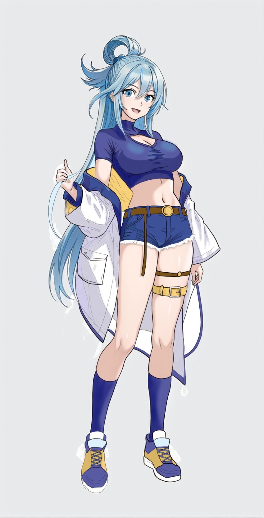 1girl :d alternate_costume aqua_(konosuba) belt black_socks blue_eyes blue_footwear blue_hair blue_shorts blue_tank_top breasts brown_belt cleavage cleavage_cutout clothes_down clothing_cutout crop_top full_body grey_background hair_between_eyes half_updo highres holding holding_hair kono_subarashii_sekai_ni_shukufuku_wo! kuroganezero large_breasts long_hair midriff navel open_mouth shiny_skin shoes short_shorts short_sleeves shorts simple_background smile sneakers socks solo spanish_commentary standing stomach tank_top thigh_strap thumbs_up very_long_hair