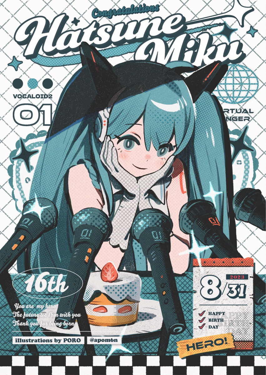 1girl adapted_costume artist_name blue_eyes blue_necktie blush bright_pupils cake character_name closed_mouth collared_shirt commentary_request copyright_name dated elbows_on_table english_text food frills gathers gloves grey_gloves grey_shirt grid_background hands_on_own_chin happy_birthday hatsune_miku head_rest headphones highres long_hair microphone microphone_stand necktie poro_(apom6n) press_conference shirt shoulder_tattoo sleeveless sleeveless_shirt smile solo sparkle strawberry_shortcake table tattoo twintails twitter_username upper_body vocaloid white_background white_pupils