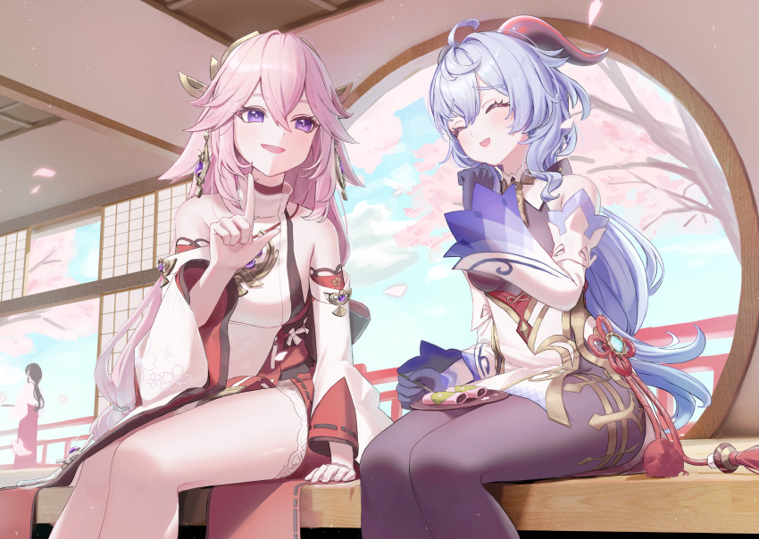 3girls absurdres ahoge animal_ears bare_shoulders black_pantyhose blue_hair blush bow breasts cherry_blossoms chinese_knot closed_eyes detached_sleeves earrings floppy_ears flower_knot fox fox_ears ganyu_(genshin_impact) genshin_impact gold_trim hair_between_eyes hair_ornament highres horns japanese_clothes jewelry long_hair looking_at_another low_ponytail multiple_girls naruse_u nontraditional_miko open_mouth panties pantyhose pink_fur pink_hair purple_eyes sakura_mochi_(genshin_impact) sideboob sidelocks sitting smile tassel thighlet thighs underwear vision_(genshin_impact) white_panties white_sleeves wide_sleeves yae_miko