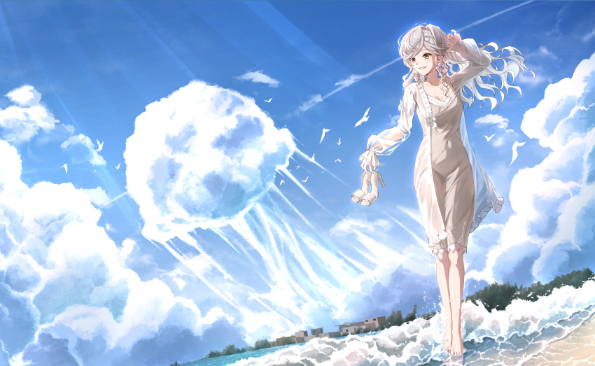 1girl absurdres beach bird blue_sky cloud cloudy_sky day dress eternity_(reverse:1999) high_heels highres holding holding_shoes jacket jellyfish ocean official_alternate_costume open_clothes open_jacket outdoors reverse:1999 sand scenery see-through see-through_jacket shoes sky solo wading white_dove white_dress white_hair xiamianhaiya yellow_eyes