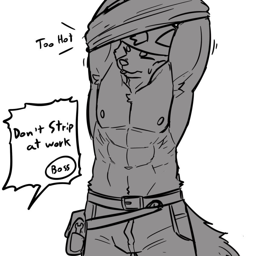 abs anthro bottomwear canid canine canis clothing eyes_closed hair hat headgear headwear hi_res male mammal muscular muscular_anthro muscular_male navel nipples northwoooof pants pecs shirt simple_background solo standing topwear undressing unseen_character white_background wolf