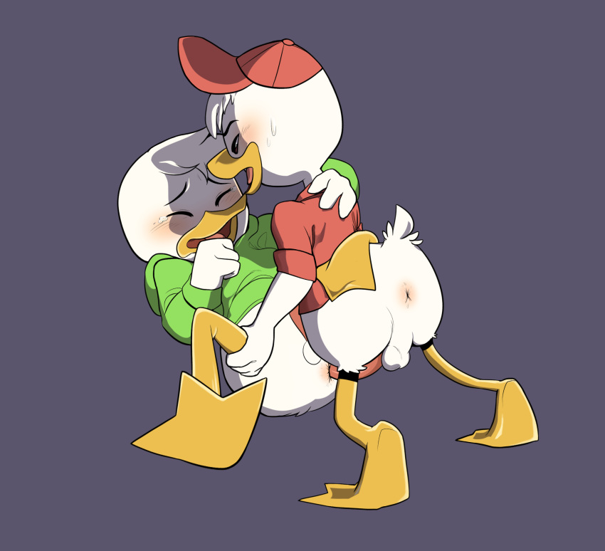 anal anal_penetration anatid anseriform avian bird blush bodily_fluids brother brothers clothing disney duck ducktales ducktales_(2017) duo eyes_closed hi_res huey_duck incest_(lore) louie_duck male male/male penetration sex sibling sleepingwithpirates sweat