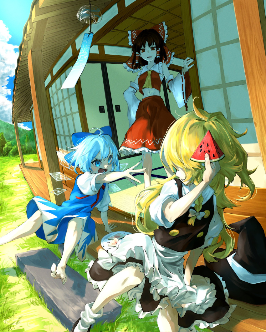 3girls ahoge apron ascot bare_shoulders barefoot black_hair black_headwear black_skirt black_vest blonde_hair blue_bow blue_eyes blue_hair bow braid brown_eyes cirno day detached_sleeves detached_wings fairy food frilled_apron frilled_skirt frills fruit hair_bow hair_tubes hakurei_reimu hat hat_removed headwear_removed highres holding holding_food holding_fruit ice ice_wings japanese_clothes kirisame_marisa long_hair multiple_girls nontraditional_miko open_mouth outdoors red_bow red_skirt ribbon-trimmed_sleeves ribbon_trim shake_0607 sidelocks single_braid skirt socks touhou veranda vest waist_apron watermelon watermelon_slice white_apron white_sleeves white_socks wide_sleeves wind_chime wings witch_hat yellow_ascot