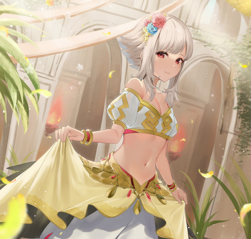 1girl alternate_costume breasts closed_mouth commentary dress fire_emblem fire_emblem_heroes grey_hair haru_(nakajou-28) highres looking_at_viewer official_alternate_hair_length official_alternate_hairstyle red_eyes short_hair short_hair_with_long_locks small_breasts smile solo tagme veronica_(fire_emblem) veronica_(princess_rising)_(fire_emblem)