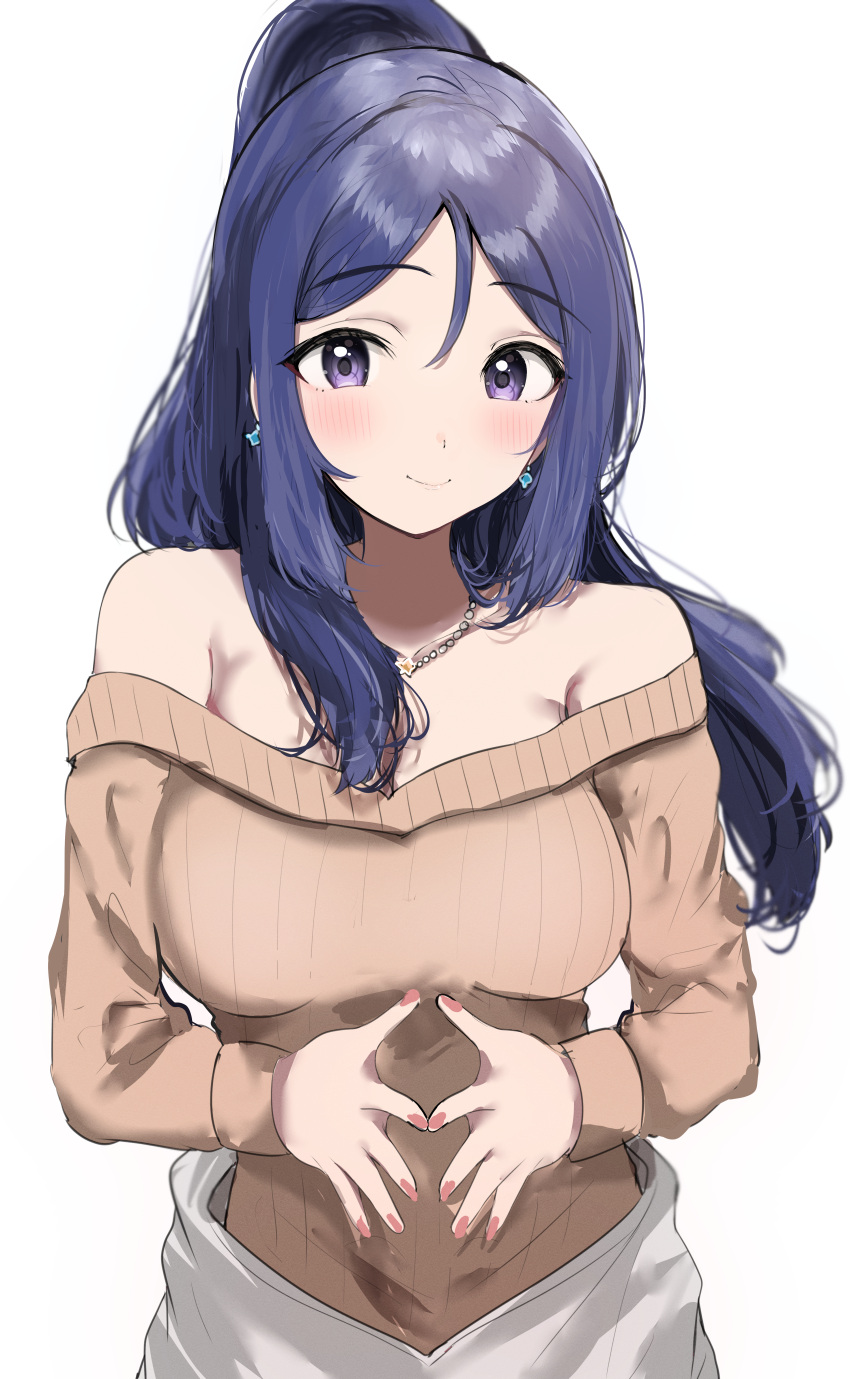 1girl absurdres bare_shoulders blue_hair blush breasts brown_sweater collarbone commentary_request earrings hair_between_eyes highres jewelry large_breasts long_hair long_sleeves looking_at_viewer love_live! love_live!_sunshine!! matsuura_kanan nail_polish necklace off-shoulder_sweater off_shoulder open_mouth own_hands_together ponytail purple_eyes ribbed_sweater simple_background smile solo sunya_(honorin-yuunibo) sweater upper_body white_background