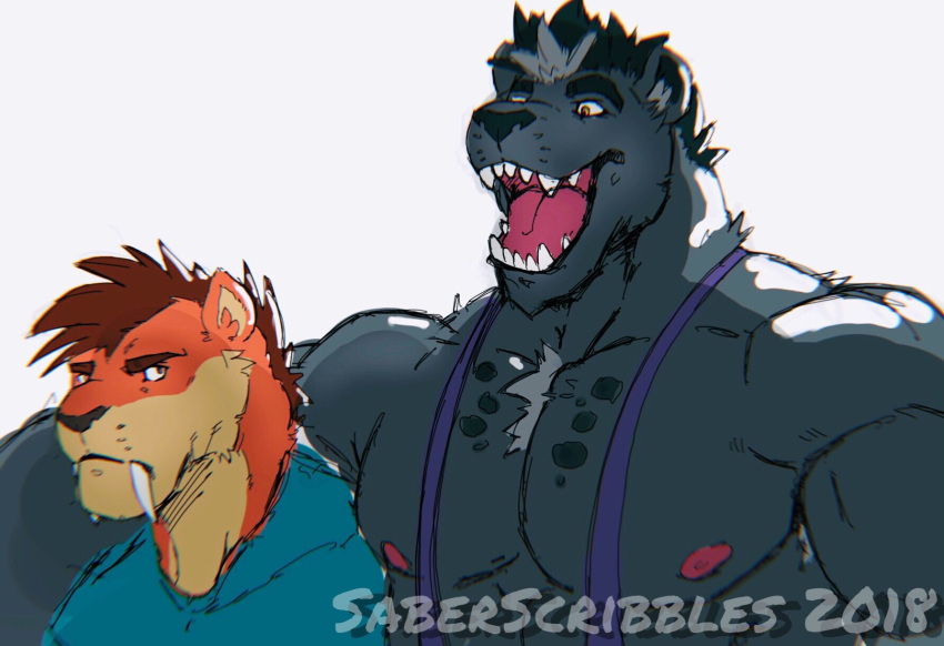2018 anthro arm_around_shoulders armpit_hair artist_name black_hair blue_clothing blue_shirt blue_topwear body_hair brown_hair chest_tuft clothing dated deltoids duo ezro_(sam_scribbles) fangs felid fur hair hi_res larger_male looking_at_another machairodontine male mammal multicolored_body multicolored_fur muscular muscular_anthro muscular_male nipples open_mouth orange_body orange_fur pantherine pecs pink_nipples sabertooth_(anatomy) sam_scribbles shirt shirtless size_difference smaller_male spots teeth topwear tuft two_tone_body two_tone_fur white_hair yellow_body yellow_fur yoru_(sam_scribbles)