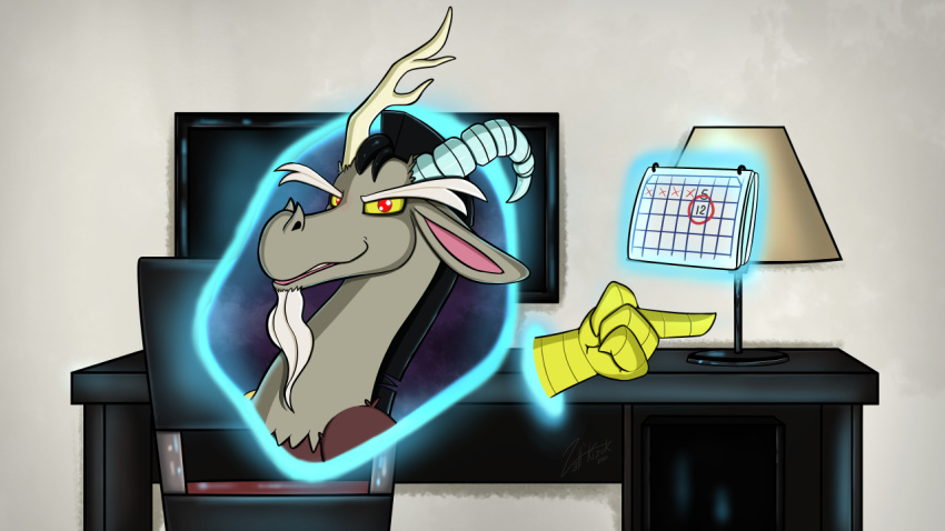 antlers beard calendar chair chimera desk discord_(mlp) facial_hair feral friendship_is_magic fur furniture furniture_lamp gesture hasbro horn invalid_tag looking_at_viewer male my_little_pony pointing portal scales solo table vaalkizuk