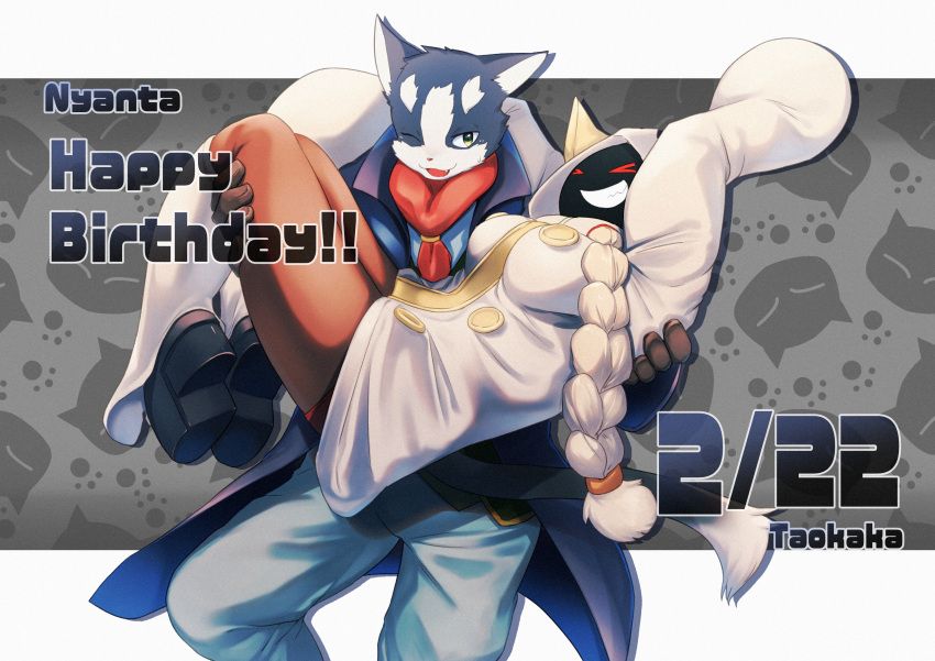 1boy 1girl absurdres animal_ears animal_hood animal_print birthday_connection black_coat black_footwear blazblue blonde_hair braid breasts brown_gloves buttons carrying cat_boy cat_day cat_ears cat_girl cat_hood cat_print cat_tail character_name closed_eyes coat commentary_request crossover dark-skinned_female dark_skin fang feet_out_of_frame full_body gloves green_eyes grey_pants grin happy_birthday highres hood hood_up hoodie large_breasts log_horizon long_hair looking_at_viewer neckerchief nyanta_(log_horizon) one_eye_closed open_mouth pants princess_carry red_eyes red_neckerchief red_shorts shoes shorts smile socks tail taokaka twin_braids white_hoodie white_socks yurari_yr