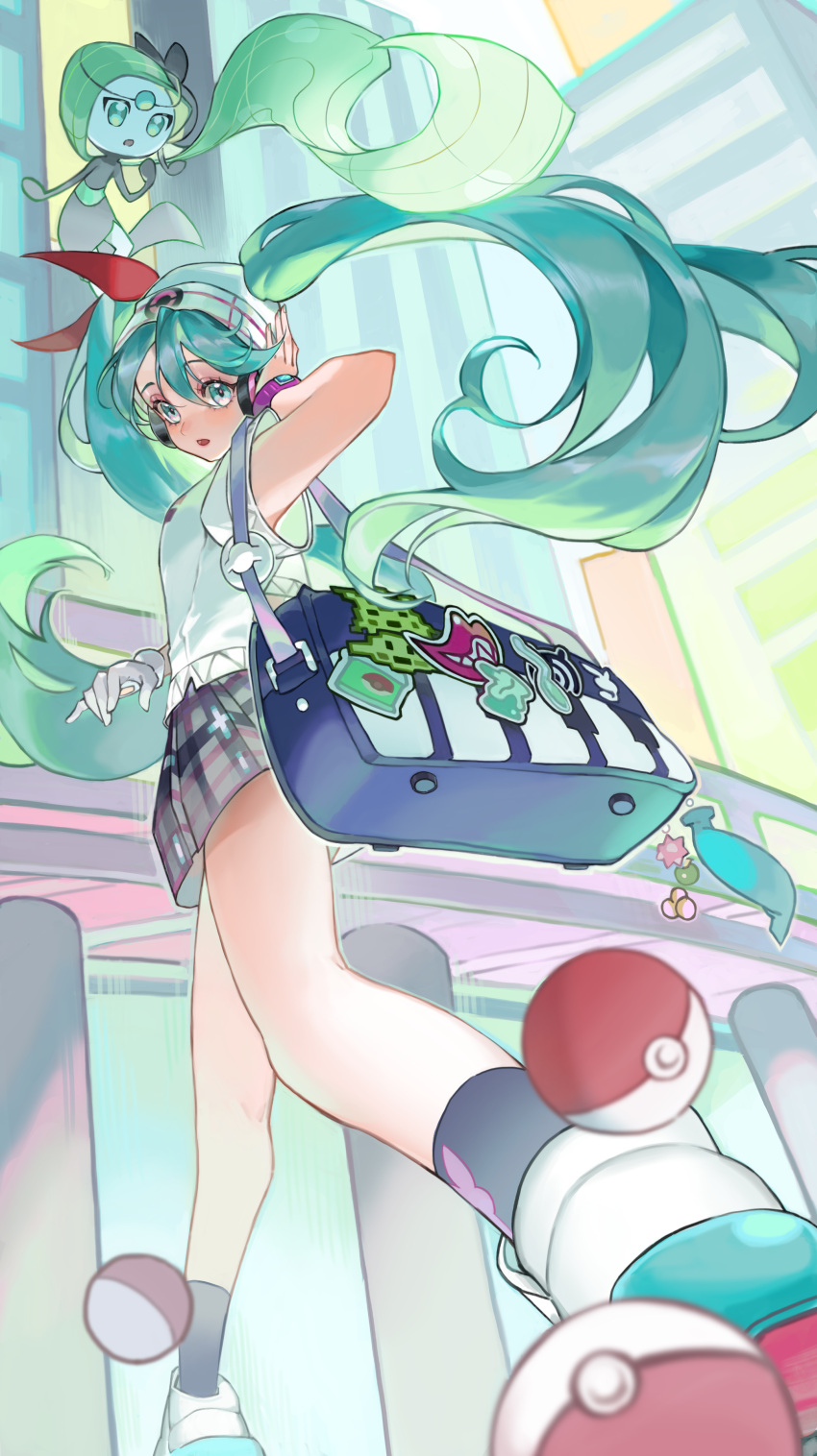 1girl absurdres aqua_eyes aqua_hair bag beanie black_socks collared_shirt gloves green_hair hair_through_headwear hat hatsune_miku headphones highres long_hair looking_back meloetta pleated_skirt poke_ball pokemon pokemon_(creature) project_voltage psychic_miku_(project_voltage) shirt shoulder_bag single_glove skirt socks stratocumuli twintails very_long_hair vocaloid white_footwear white_shirt