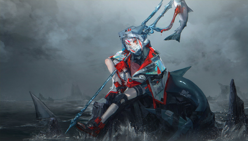 1girl animal_hood black_shirt blood blood_on_weapon fins fish fish_tail gawr_gura grey_hair highres holding holding_polearm holding_weapon hololive hololive_english hood jacket knee_pads knee_up multicolored_hair overcast polearm quasarcake rainbow_gradient red_eyes red_footwear red_hair red_jacket red_nails reflect_(gawr_gura) rock shark shark_girl shark_hood shark_tail sharp_teeth shirt single_knee_pad sitting sitting_on_rock sky splashing streaked_hair tail teeth thigh_strap trident two-sided_fabric two-sided_jacket virtual_youtuber weapon white_jacket