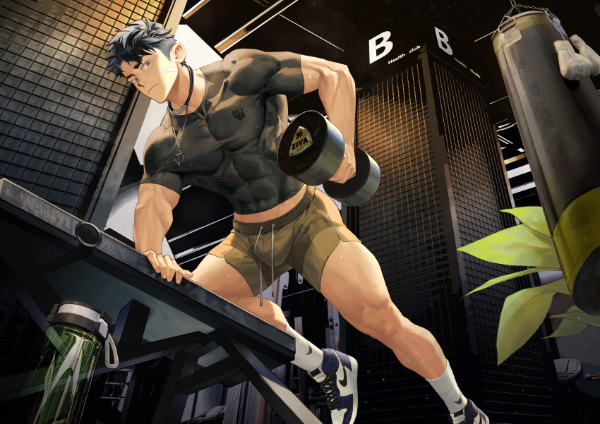 1boy absurdres bara black_hair black_shirt blue_eyes bottle bulge closed_mouth covered_abs dumbbell exercise from_below green_shorts highres holding jewelry large_pectorals male_focus muscular muscular_male nanyu1998 necklace original pectorals shirt short_hair shorts solo thick_thighs thighs water_bottle weightlifting