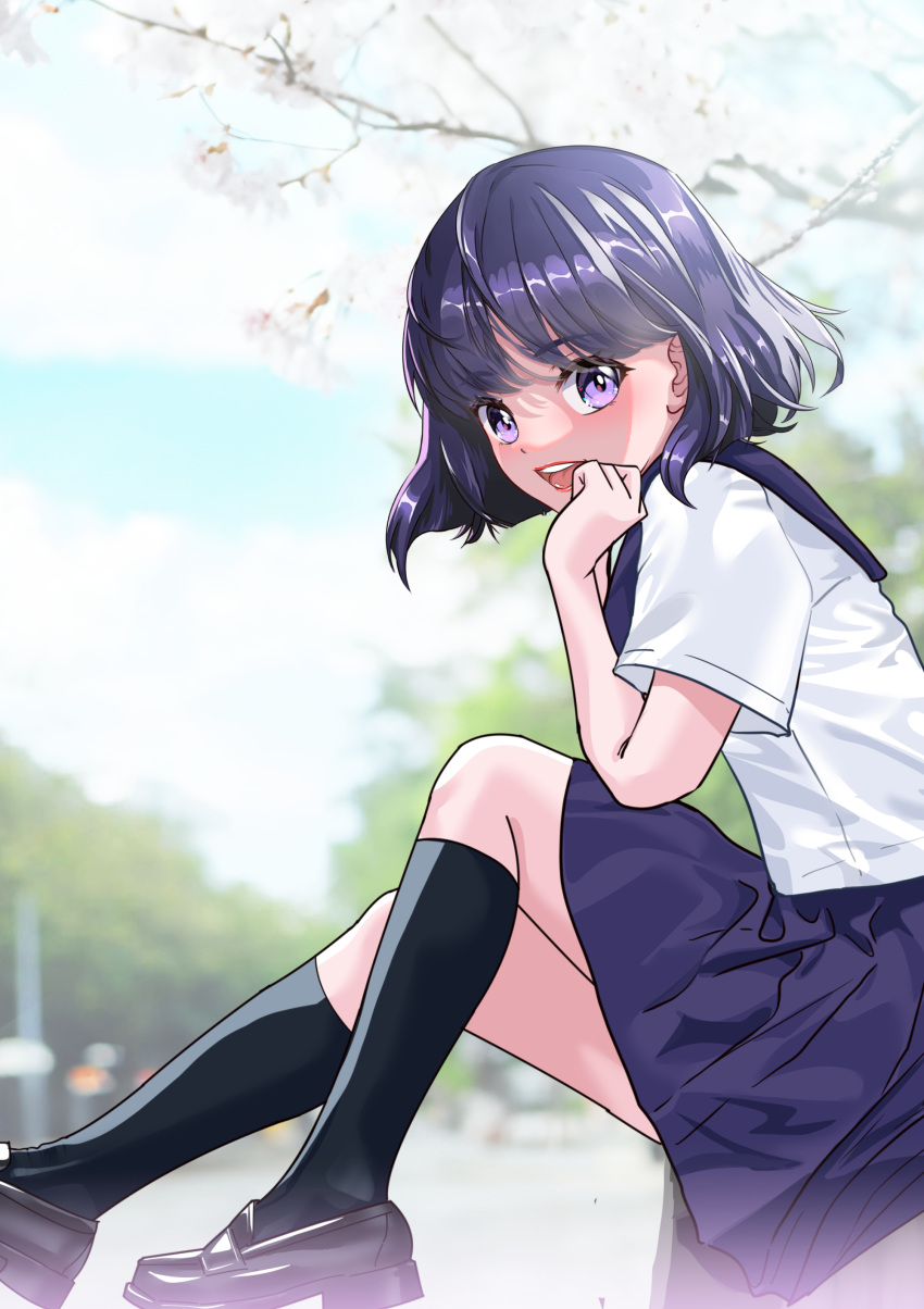 absurdres arion_canvas bishoujo_senshi_sailor_moon black_hair blunt_bangs blunt_ends highres loafers purple_eyes purple_skirt school_uniform serafuku shirt shoes short_hair skirt socks tomoe_hotaru white_shirt