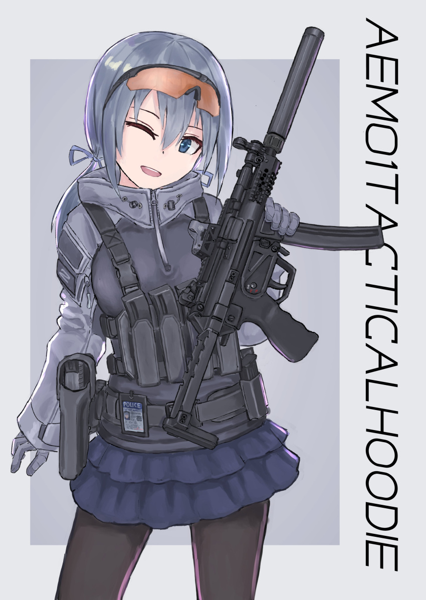 1girl ;d absurdres black_pantyhose blue_eyes blue_skirt d-sawa613 english_text gloves goggles goggles_on_head grey_background grey_gloves grey_hair grey_jacket grey_ribbon gun h&amp;k_mp5 hair_between_eyes hair_ribbon head_tilt highres holding holding_gun holding_weapon jacket layered_skirt long_hair long_sleeves looking_at_viewer low_twintails one_eye_closed original pantyhose pleated_skirt ribbon skirt sleeves_past_wrists smile solo standing submachine_gun twintails two-tone_background weapon