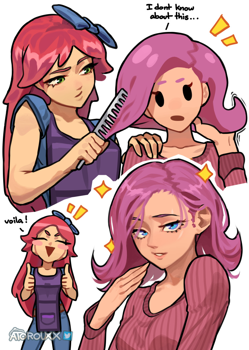 2girls absurdres artist_name atoroux blue_bow blue_eyes blush_stickers bow brushing_another's_hair brushing_hair closed_eyes double_thumbs_up english_text green_eyes hair_bow hair_brush highres long_hair looking_at_viewer multiple_girls party_girl_(terraria) pink_hair red_hair simple_background stylist_(terraria) sweater terraria thumbs_up white_background