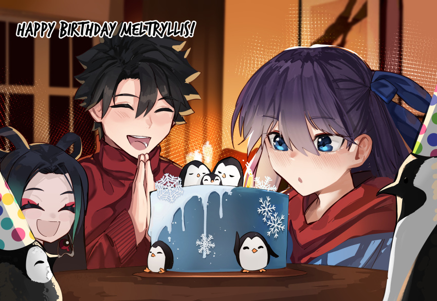 1girl 2boys bird black_hair blue_eyes blue_jacket blue_ribbon blush breasts cake closed_eyes eyeliner fate/grand_order fate_(series) food fujimaru_ritsuka_(male) hair_ribbon happy_birthday hat highres jacket long_hair long_sleeves makeup meltryllis_(fate) meltryllis_(tour_outfit)_(fate) multiple_boys obazzotto open_mouth parted_bangs party_hat penguin purple_hair red_sweater ribbon short_hair small_breasts smile sweater taisui_xingjun_(fate)