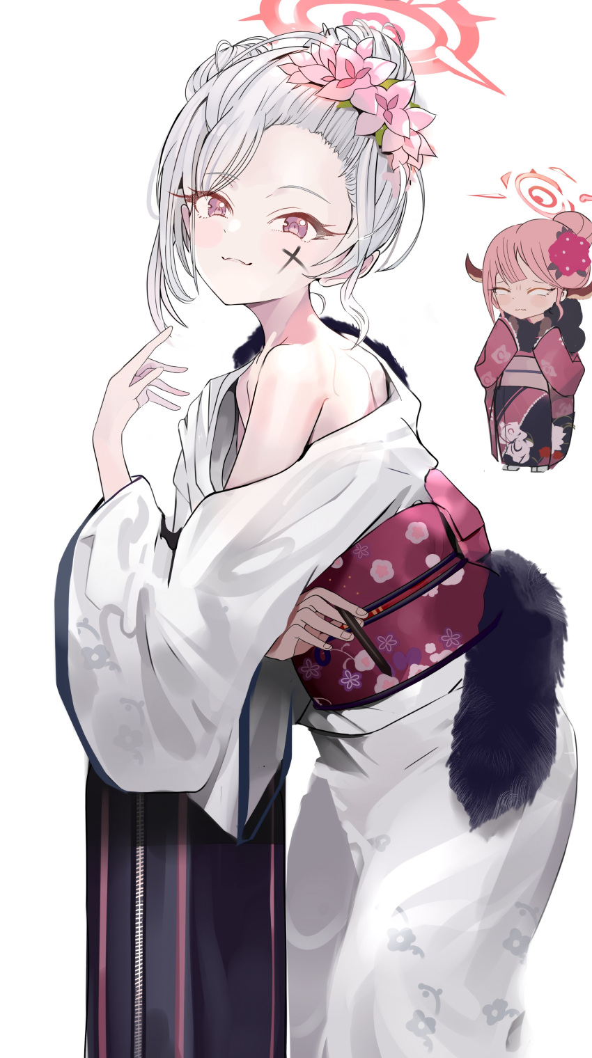 2girls :3 absurdres aru_(blue_archive) aru_(new_year)_(blue_archive) blue_archive blush chibi chibi_inset flower fur-trimmed_kimono fur_trim grey_hair hair_bun hair_flower hair_ornament halo highres japanese_clothes kimono kimono_pull looking_at_viewer multiple_girls mutsuki_(blue_archive) mutsuki_(new_year)_(blue_archive) obi pink_hair pjkka sash simple_background single_bare_shoulder single_hair_bun smile solo_focus white_background white_kimono yukata