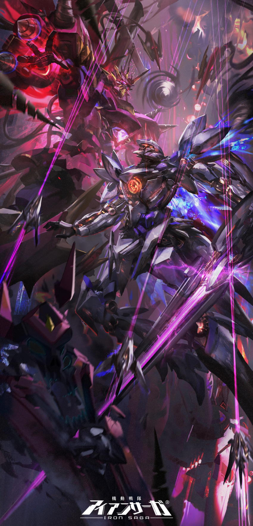 battle copyright_name firing glowing glowing_eyes highres holding holding_sword holding_weapon iron_saga mecha nero_(iron_saga) official_art orange_eyes purple_eyes robot sword vassago_(iron_saga) weapon