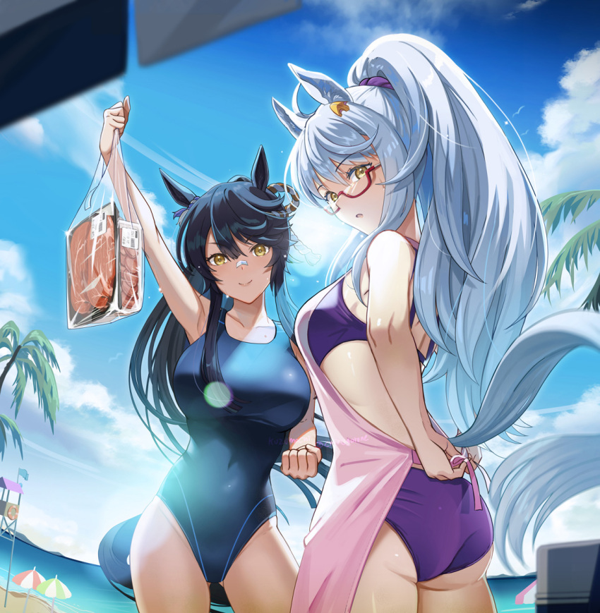 2girls animal_ears apron arm_up ass ass_visible_through_thighs bag bandaid bandaid_on_face bandaid_on_nose beach beach_umbrella bikini biwa_hayahide_(umamusume) black_hair breasts clenched_hands cloud collarbone commentary_request covered_navel cowboy_shot day food glasses highres horse_ears horse_girl horse_tail kuzumochi_(kuzumochiya) large_breasts lens_flare lifeguard_chair long_hair looking_at_viewer looking_back meat multiple_girls narita_brian_(umamusume) one-piece_swimsuit outdoors palm_tree parted_lips plastic_bag ponytail purple_bikini revision semi-rimless_eyewear siblings sisters smile swimsuit tail tree tying_apron umamusume umbrella water white_hair yellow_eyes