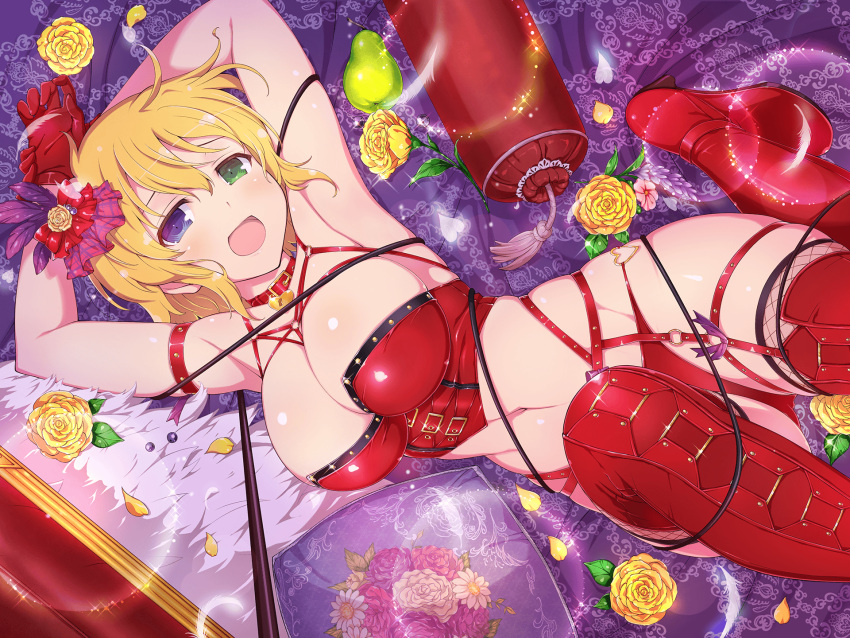 1girl :3 ahoge armpits bdsm blonde_hair blue_eyes blush breasts cleavage flower food fruit gloves green_eyes hair_between_eyes hair_ornament heterochromia high_heels highres large_breasts looking_at_viewer navel official_alternate_costume official_art on_bed open_mouth pear petals pillow rose rose_petals ryouna_(senran_kagura) senran_kagura senran_kagura_shinovi_versus short_hair smile solo thighhighs tongue yaegashi_nan yellow_flower yellow_rose