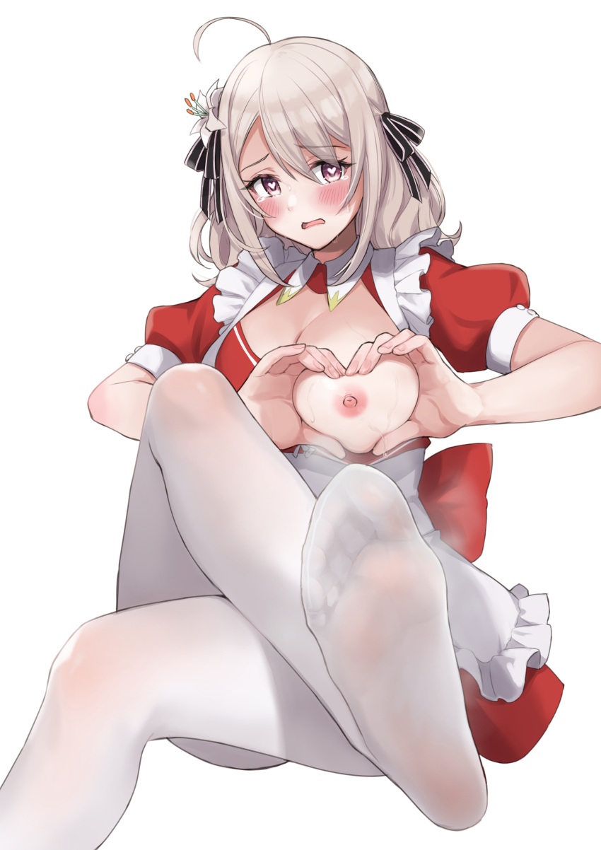 1girl absurdres ahoge apron black_ribbon blush commission dress embarrassed eyelashes feet flower foot_focus foot_out_of_frame foreshortening frilled_apron frills grey_hair hair_between_eyes hair_flower hair_ornament hair_ribbon heart heart-shaped_boob_challenge heart-shaped_pupils heart_hands highres knee_up legs lily_(flower) lily_(spy_kyoushitsu) long_hair long_sleeves maid_apron nipples no_shoes one_breast_out open_mouth pantyhose pink_eyes puffy_long_sleeves puffy_short_sleeves puffy_sleeves red_dress ribbon sahara1127 shadow short_dress short_sleeves sidelocks simple_background skeb_commission smell soles solo spy_kyoushitsu steaming_body symbol-shaped_pupils toes white_apron white_background white_pantyhose white_ribbon