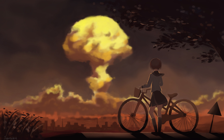 1girl bicycle blue_sailor_collar commentary evening from_behind highres mushroom_cloud nuclear_weapon sailor_collar scenery school_uniform serafuku shirt signature tree twilight white_shirt youotaku yuuyake_koyake