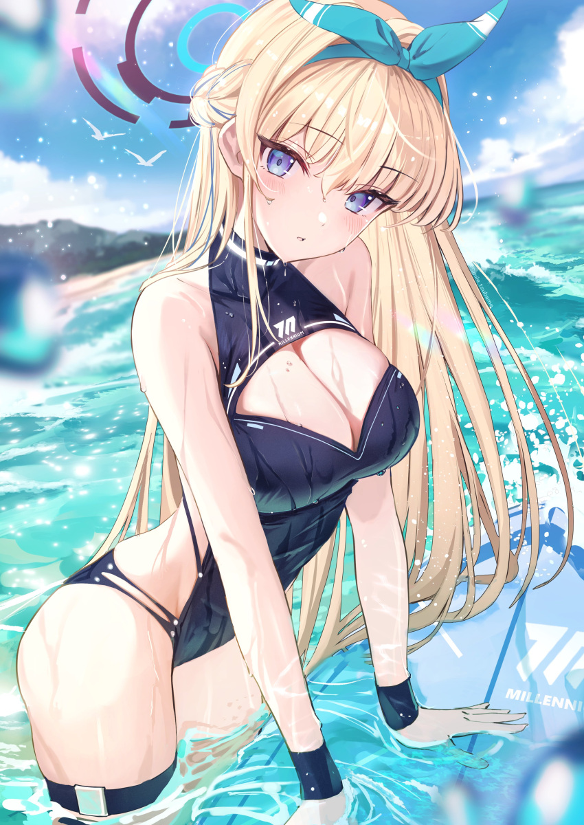 absurdres black_one-piece_swimsuit blonde_hair blue_archive blue_eyes blush bow breasts cleavage competition_swimsuit covered_navel hair_bow hair_ornament halo highleg highleg_swimsuit highres large_breasts long_hair looking_at_viewer ocean one-piece_swimsuit partially_submerged swimsuit toki_(blue_archive) tsubameno wet wet_clothes wet_swimsuit