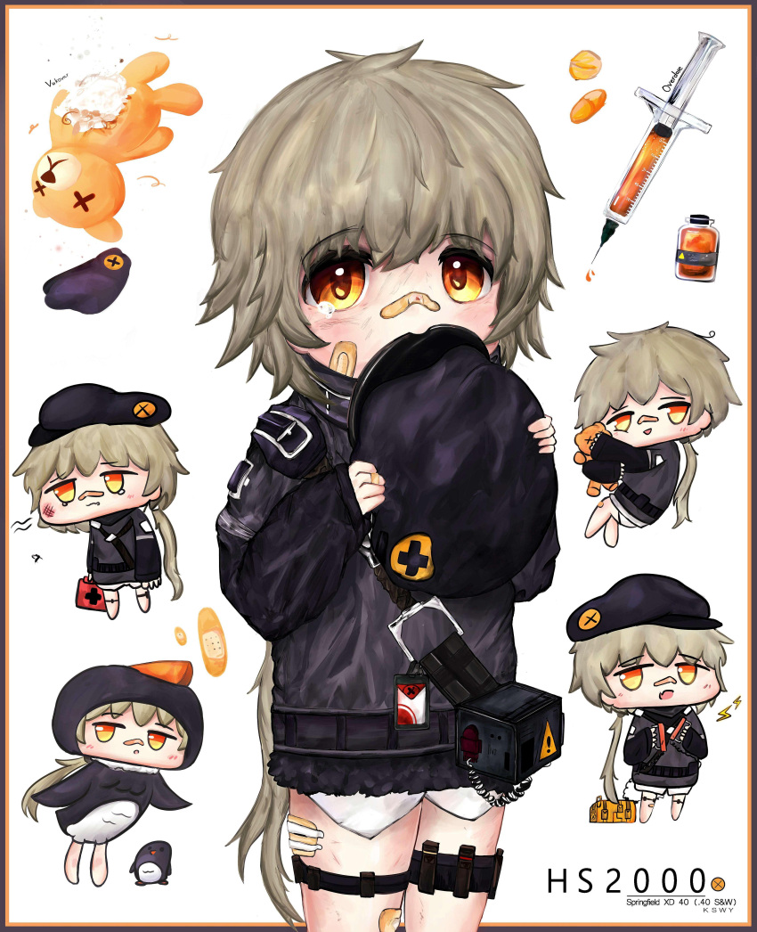 absurdres alternate_costume animal_costume bandaid bandaid_on_face bandaid_on_knee bandaid_on_leg bandaid_on_nose beret blush character_name chibi closed_mouth cowboy_shot defibrillator full_body girls'_frontline hat highres holding holding_stuffed_toy hs2000_(girls'_frontline) light_brown_hair long_hair long_sleeves multiple_views open_mouth orange_eyes pill stuffed_animal stuffed_toy stuffing_scone syringe teddy_bear white_background