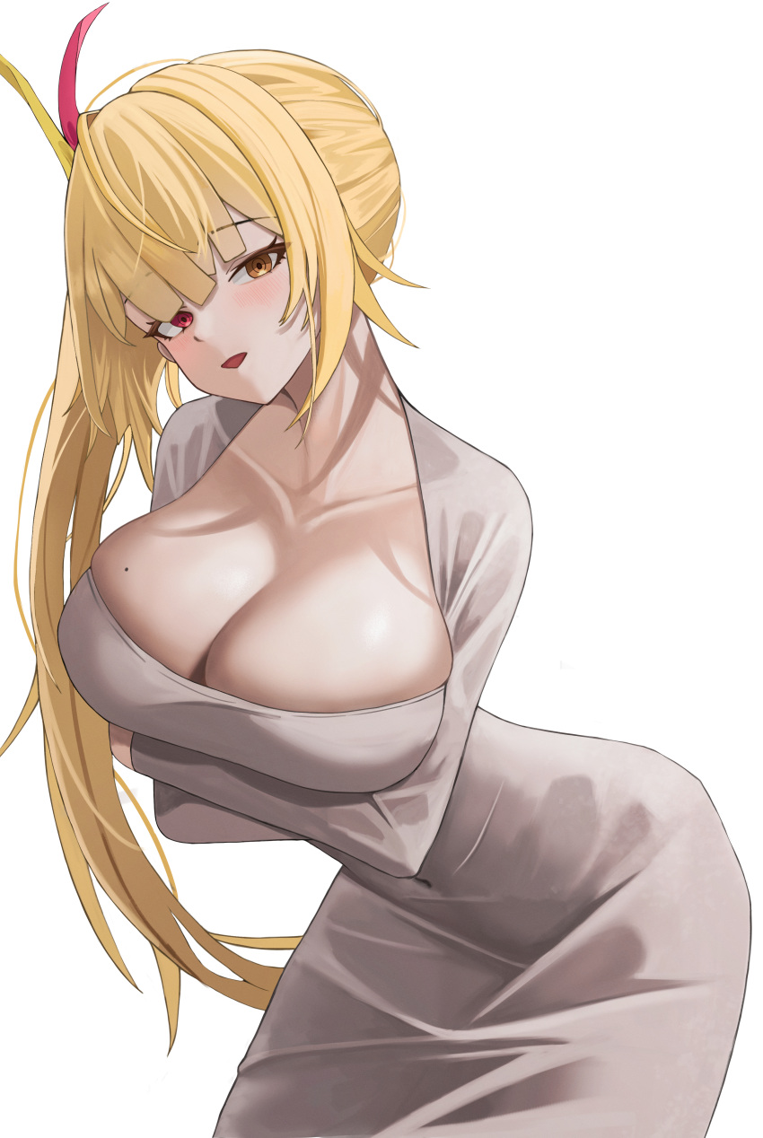 1girl :d absurdres blonde_hair blush breasts cleavage collarbone commentary_request cosplay cowboy_shot dongtan_lady_(k_pring) dongtan_lady_(k_pring)_(cosplay) dress fakey grey_dress highres hoshikawa_sara large_breasts leaning_forward long_hair long_sleeves looking_at_viewer nijisanji open_mouth red_eyes side_ponytail simple_background skindentation smile solo standing very_long_hair white_background yellow_eyes