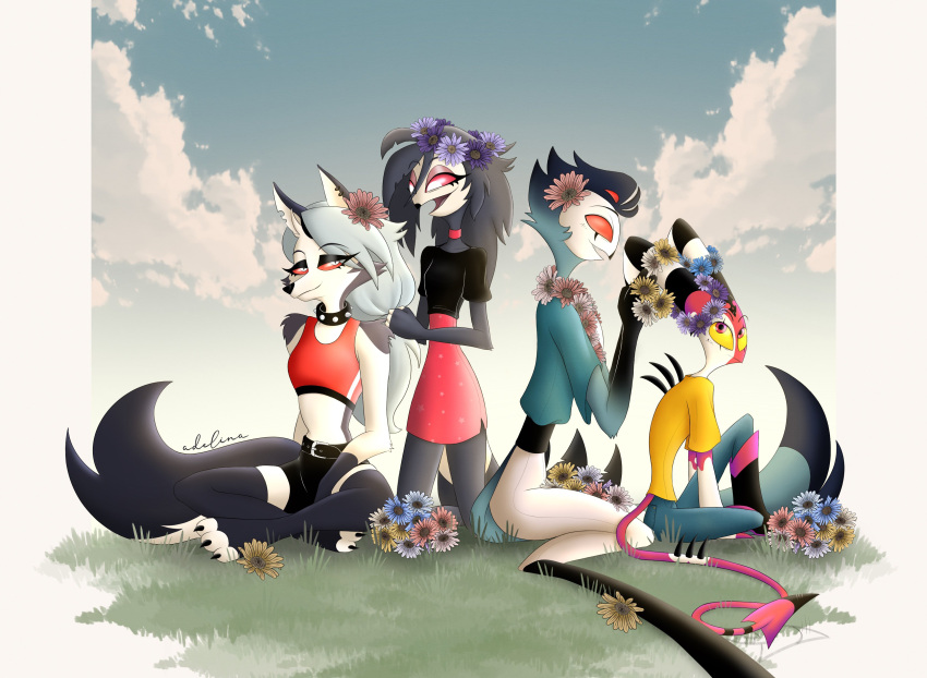 absurd_res adel1na_art anthro avian bird blitzo_(helluva_boss) bottomwear canid canid_demon clothing daughter_(lore) demon denim denim_clothing detailed_background father_(lore) father_and_child_(lore) father_and_daughter_(lore) female flower fur grass grey_body grey_fur grey_hair group hair hellhound helluva_boss hi_res imp jeans kneeling long_hair loona_(helluva_boss) male mammal octavia_(helluva_boss) owl owl_demon pants parent_(lore) parent_and_child_(lore) parent_and_daughter_(lore) pink_eyes plant red_eyes shirt short_hair shorts sitting skirt sky smile stolas_(helluva_boss) topwear white_face white_hair yellow_eyes