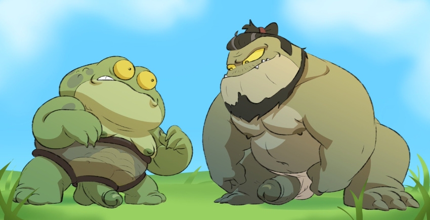 2023 amphibia_(series) amphibian anthro balls beard belly big_belly captain_bufo clothing disney duo erection facial_hair frog genitals green_body hi_res male moobs nipples outside overweight overweight_male penis posduroo underwear unknown_character