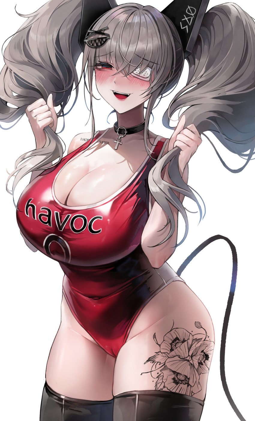 1girl absurdres blush breasts bunching_hair cleavage collar curvy eyepatch grey_hair hair_ornament hairclip havoc-chan highres huge_breasts large_breasts looking_at_viewer one-piece_swimsuit original red_eyes simple_background smile solo suou-sensei swimsuit thick_thighs thighhighs thighs twintails white_background