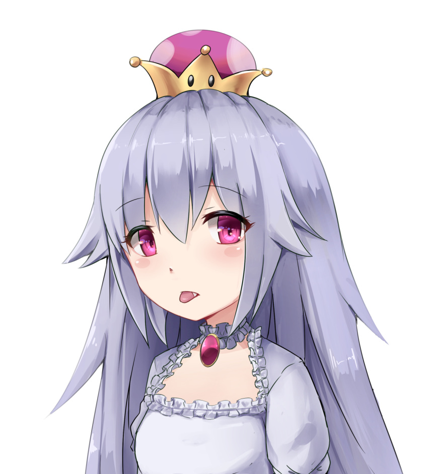1girl breasts cleavage crown danraz0r dress elbow_gloves gloves hair_between_eyes highres long_hair looking_at_viewer luigi's_mansion mario_(series) new_super_mario_bros._u_deluxe personification princess_king_boo solo super_crown upper_body white_dress white_gloves