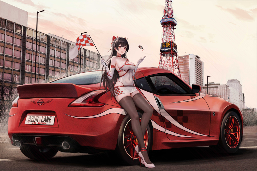 1girl :d absurdres azur_lane black_hair breasts building car car_keys character_name checkered_flag city cityscape cleavage commentary_request copyright_name covered_navel elbow_gloves exhaust flag full_body gloves grey_thighhighs hands_up high_heels highres holding holding_flag horns kcar66t large_breasts license_plate long_hair looking_at_viewer motor_vehicle nissan nissan_370z oni_horns open_mouth outdoors panasonic_corporation race_queen red_eyes sakawa_(azur_lane) shadow skyscraper smile solo sports_car thighhighs tokyo_tower tower white_footwear white_gloves