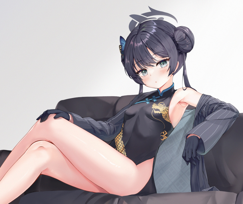 1girl ass black_dress black_gloves black_hair black_halo blue_archive blush breasts butterfly_hair_ornament china_dress chinese_clothes closed_mouth coat deerwater double_bun dragon_print dress gloves grey_coat grey_eyes hair_bun hair_ornament halo highres kisaki_(blue_archive) long_hair long_sleeves sleeveless sleeveless_dress small_breasts solo striped striped_coat twintails vertical-striped_coat vertical_stripes