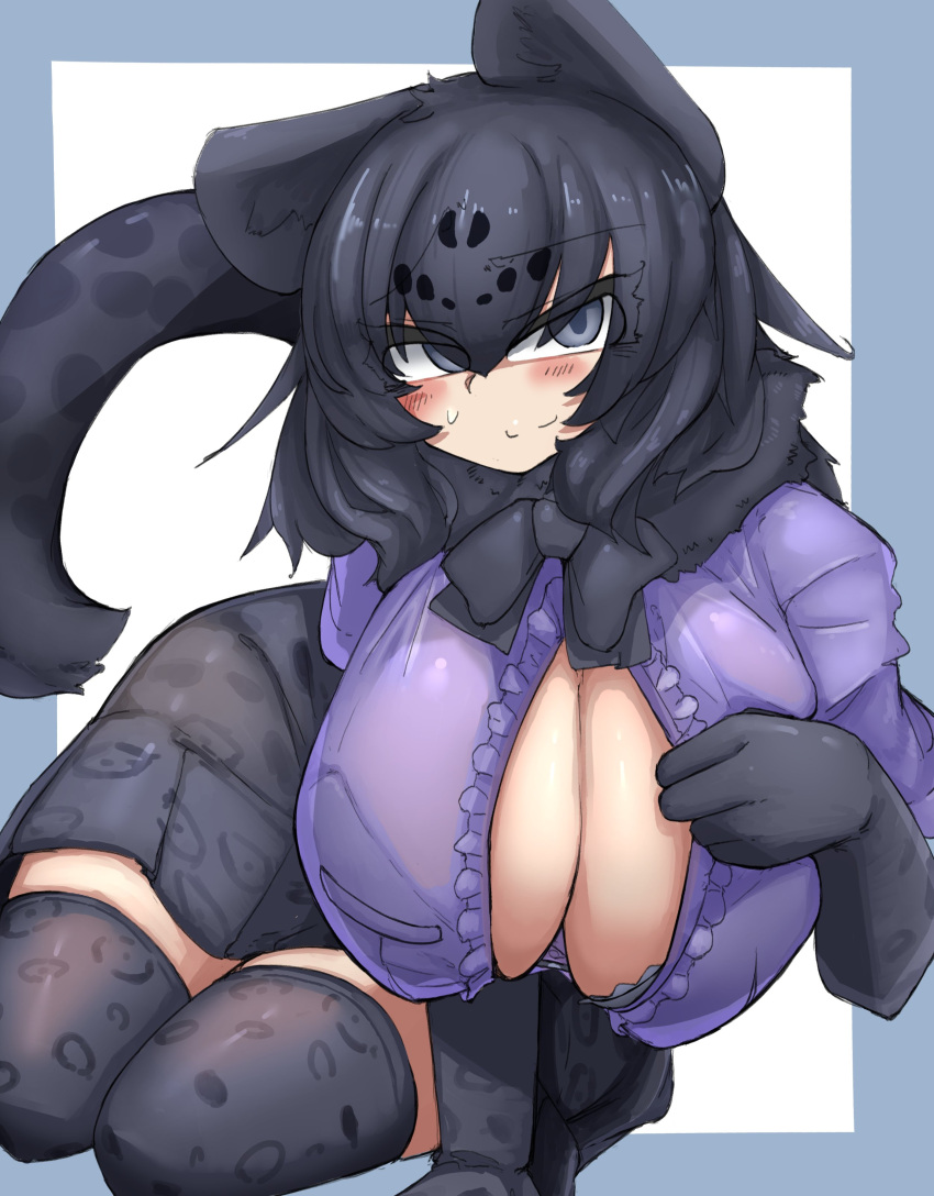 1girl absurdres alternate_breast_size animal_ears animal_print arm_support bent_over black_bow black_bowtie black_bra black_hair black_jaguar_(kemono_friends) black_scarf blush bow bowtie bra bra_visible_through_clothes breasts center_frills center_opening closed_eyes commentary_request downblouse elbow_gloves frills fur_scarf gloves grey_eyes hair_between_eyes hanging_breasts highres huge_breasts jaguar_ears jaguar_girl jaguar_print jaguar_tail kemono_friends leaning_to_the_side long_bangs looking_back medium_hair miniskirt multicolored_hair print_gloves print_skirt print_thighhighs purple_shirt raised_eyebrow scarf seductive_smile see-through see-through_shirt shirt short_sleeves sitting skirt smile solo tail thighhighs underwear urisaba zettai_ryouiki