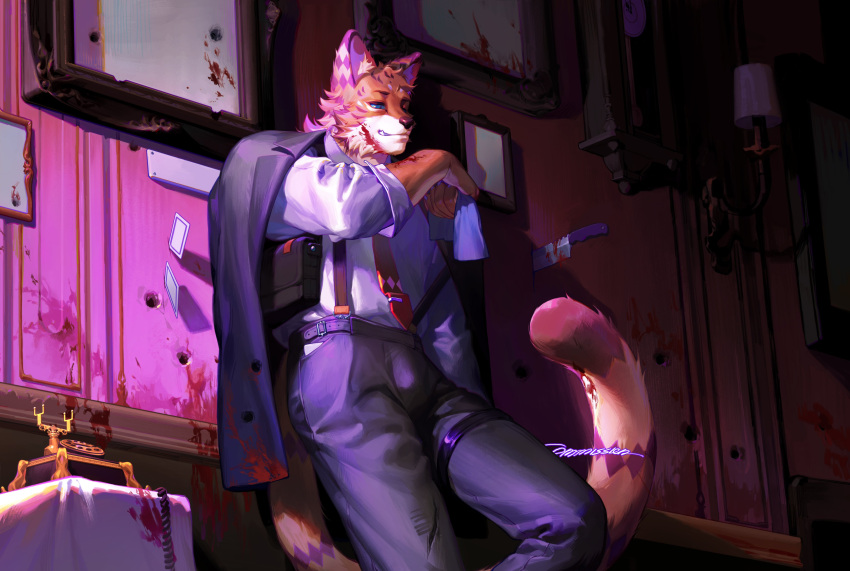 1boy absurdres animal_ear_fluff animal_ears antique_phone artist_name bara black_jacket blood blood_on_arm blood_on_face blood_on_knife blue_eyes body_fur brown_fur bullet_hole card cat_boy cat_ears cat_tail claws clock collared_shirt dongbomu fang furry furry_male grin hand_up highres holding_handkerchief indoors jacket jacket_on_shoulders knife male_focus necktie original phone picture_frame red_necktie rotary_phone shirt signature slit_pupils smile solo standing suspenders tail thigh_strap underbite wall_clock
