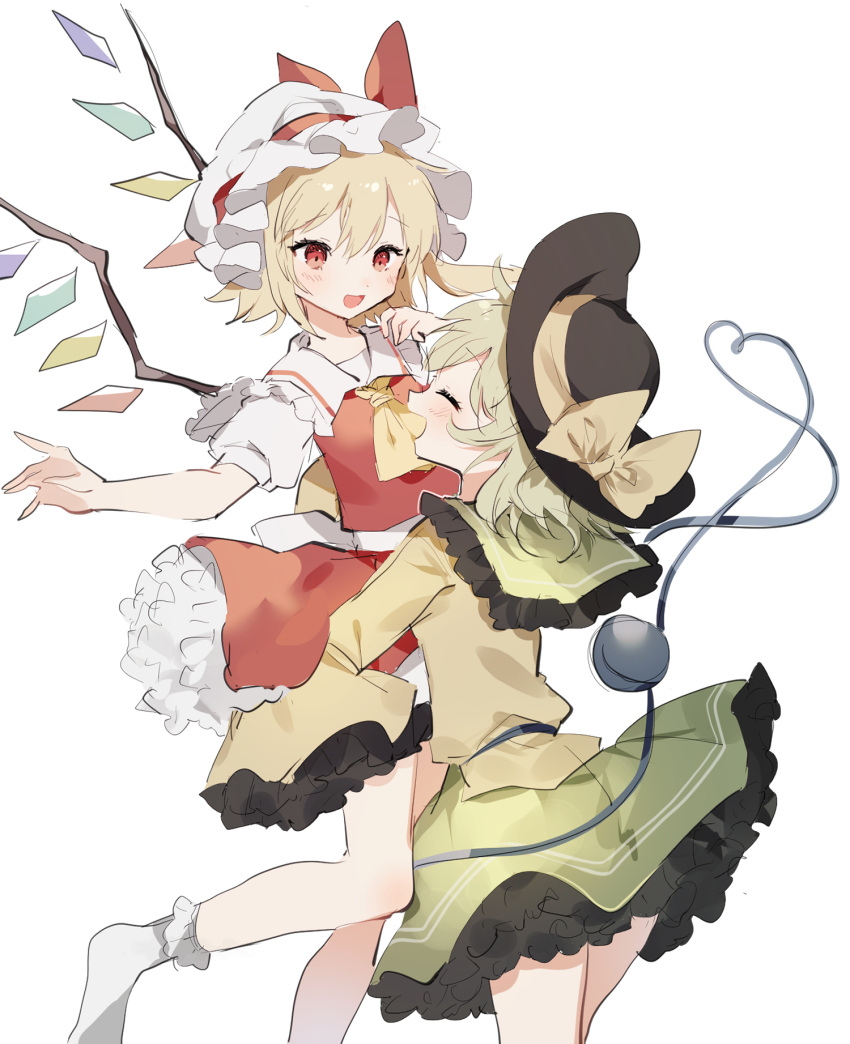 2girls :d ascot back_bow bare_legs black_headwear blonde_hair blouse bobby_socks bow breasts closed_eyes collared_shirt cowboy_shot diamond_(shape) facing_another flandre_scarlet foot_out_of_frame frilled_hat frilled_shirt_collar frilled_skirt frilled_socks frills green_hair green_skirt happy hat hat_bow hat_ribbon heart heart_of_string highres komeiji_koishi lifting_person long_sleeves looking_at_another medium_hair mob_cap multicolored_wings multiple_girls one_side_up open_mouth petticoat puffy_short_sleeves puffy_sleeves red_bow red_eyes red_ribbon red_skirt red_vest ribbon shirt short_hair short_sleeves simple_background skirt sleeves_past_wrists small_breasts smile socks sorani_(kaeru0768) third_eye touhou vest white_background white_bow white_headwear white_shirt white_socks wide_sleeves wings yellow_ascot yellow_bow yellow_ribbon yellow_shirt