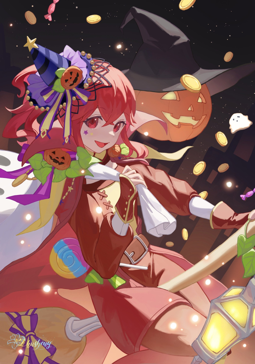 1girl absurdres anna_(fire_emblem) artist_name belt belt_buckle black_headwear broom broom_riding buckle candy coin commentary dress fire_emblem fire_emblem_awakening fire_emblem_engage fire_emblem_heroes food hair_ornament halloween halloween_costume hat highres holding holding_sack jack-o'-lantern long_hair long_sleeves looking_at_viewer official_alternate_costume open_mouth ponytail pumpkin red_belt red_dress red_eyes red_hair sack smile solo tzzis witch_hat