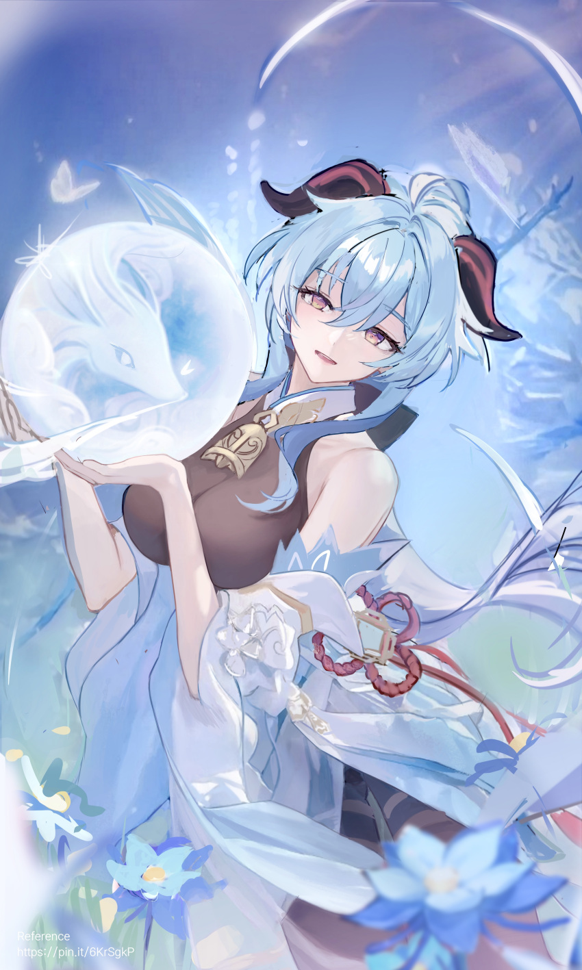 1girl absurdres ahoge alternate_costume bare_shoulders bell blue_flower blue_hair breasts detached_sleeves flower ganyu_(genshin_impact) genshin_impact glaze_lily highres horns long_hair looking_at_viewer medium_breasts neck_bell nizway no_gloves open_mouth orb purple_eyes qilin_(mythology) sidelocks smile solo tassel vision_(genshin_impact) white_sleeves