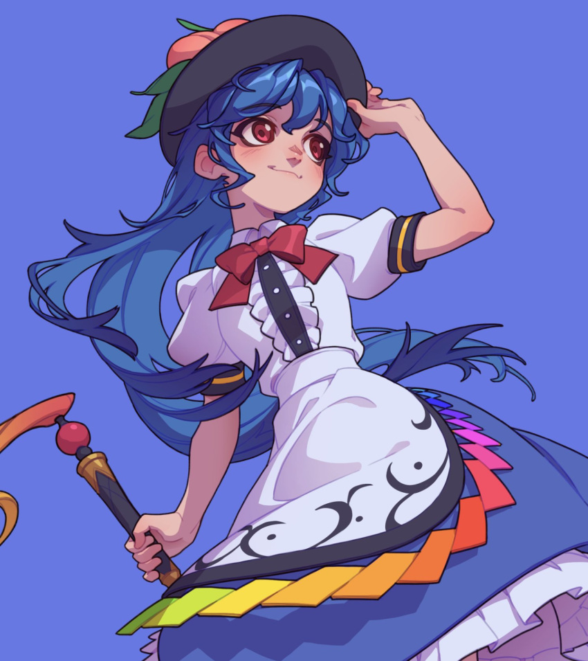 1girl :3 black_headwear blue_hair blush bow food from_below fruit fruit_hat_ornament hand_on_headwear hat highres hinanawi_tenshi leaf long_hair peach peach_hat_ornament puffy_short_sleeves puffy_sleeves rainbow_order red_eyes shirt short_sleeves skirt smile soemy solo sword_of_hisou touhou very_long_hair white_shirt