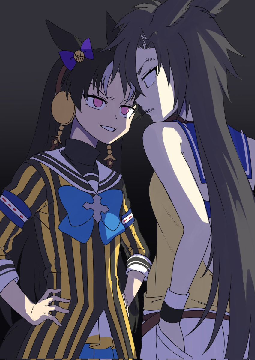 2girls air_shakur_(umamusume) animal_ears armband bare_shoulders black_background blue_armband blue_bow blue_bowtie blue_sailor_collar bow bowtie brown_hairband clenched_teeth commentary cross_ornament dark ear_bow eyebrow_piercing fukuro_(maruaru00) furrowed_brow genderswap genderswap_(mtf) grin hairband hand_in_pocket hands_on_own_hips headgear highres horse_ears horse_girl light_purple_hair long_hair long_sleeves multicolored_hair multiple_girls original personification piercing purple_bow purple_eyes reins sailor_collar shirt sleeveless sleeveless_shirt smile stare_down stay_gold_(racehorse) teeth two-tone_hair umamusume v-shaped_eyebrows very_long_hair white_sailor_collar yellow_shirt