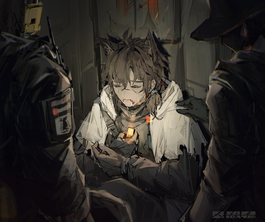 absurdres ace_(arknights) animal_ears arknights black_shirt blood blood_on_face brown_hair closed_eyes coat guard_(arknights) hat highres instrument ponytail qiumoyixing recorder rhodes_island_logo scar scar_on_face scout_(arknights) shirt short_hair tactical_clothes white_coat