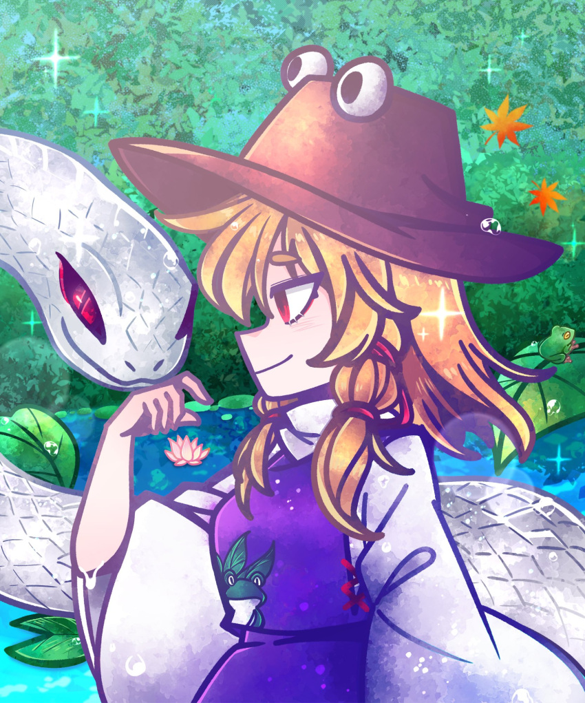 animal_print blonde_hair brown_headwear d_vaaaah flower frog frog_print hat highres leaf lily_(flower) lily_pad looking_to_the_side maple_leaf mishaguji moriya_suwako nature pond purple_vest pyonta red_ribbon ribbon touhou vest water_drop