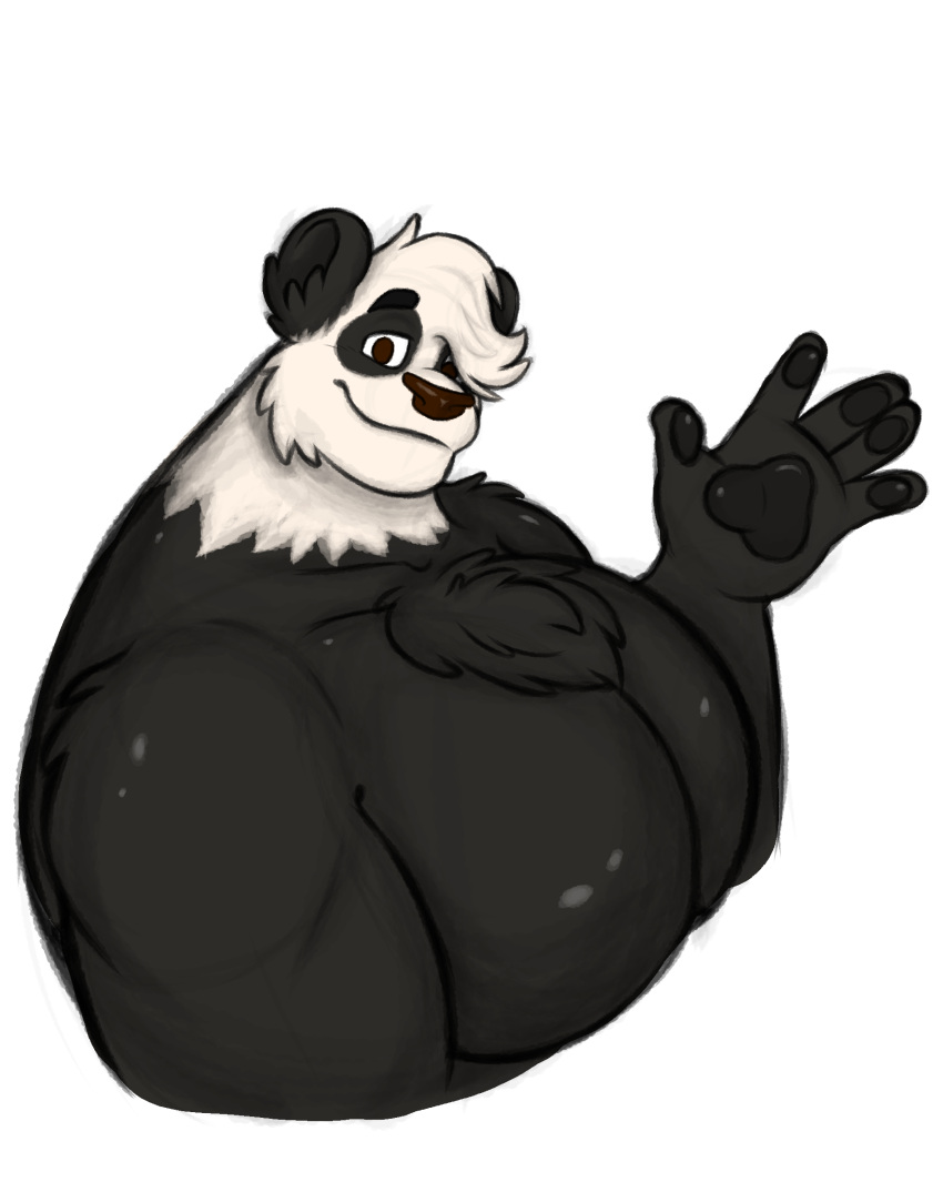 anthro bear body_hair chest_hair chest_tuft diggydog fur gesture giant_panda hi_res huge_pecs looking_at_viewer lucas_(diggydog) male mammal multicolored_body multicolored_fur muscular muscular_anthro muscular_male simple_background simple_eyes smile smiling_at_viewer solo tuft two_tone_body two_tone_fur waving waving_at_viewer