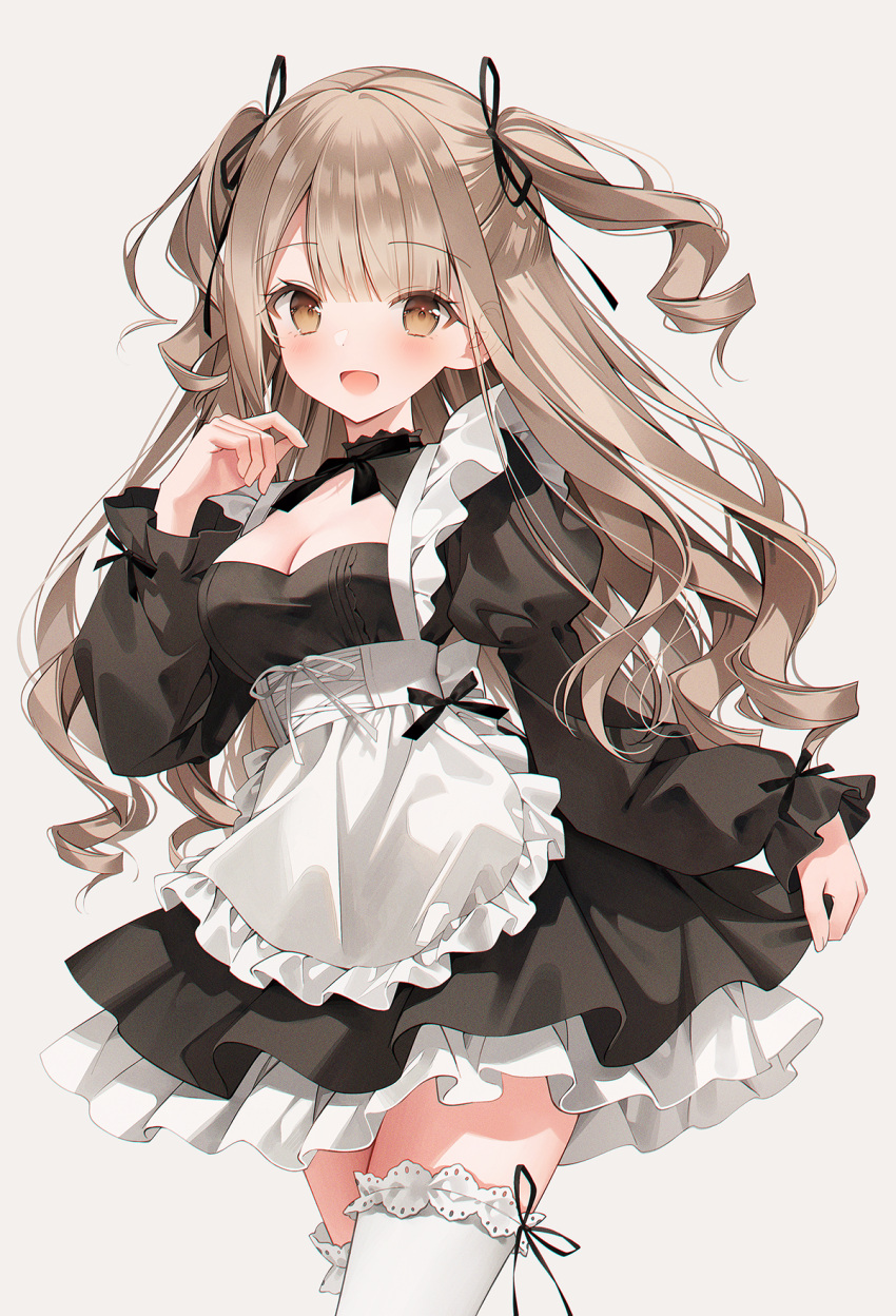 1girl apron arm_up black_apron black_skirt blonde_hair blush breasts cleavage cowboy_shot dress drill_hair eyes_visible_through_hair frilled_thighhighs frills hair_ribbon high_collar highres large_breasts leg_ribbon light_blush long_hair long_sleeves looking_at_viewer looking_to_the_side open_mouth original parted_bangs pleated_dress pleated_skirt ribbon simple_background skirt smile solo thighhighs thighs weri white_dress