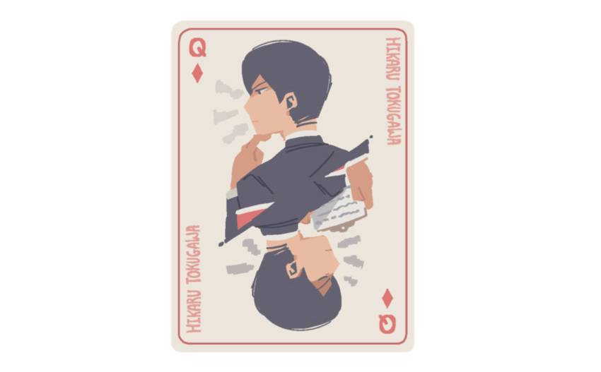 1boy armband black_hair card card_(medium) character_name clipboard closed_eyes closed_mouth commentary diamond_(shape) english_commentary gakuran hand_on_own_chin holding holding_clipboard male_focus mob_psycho_100 mp100days playing_card school_uniform short_hair simple_background stroking_own_chin tokugawa_hikaru white_background