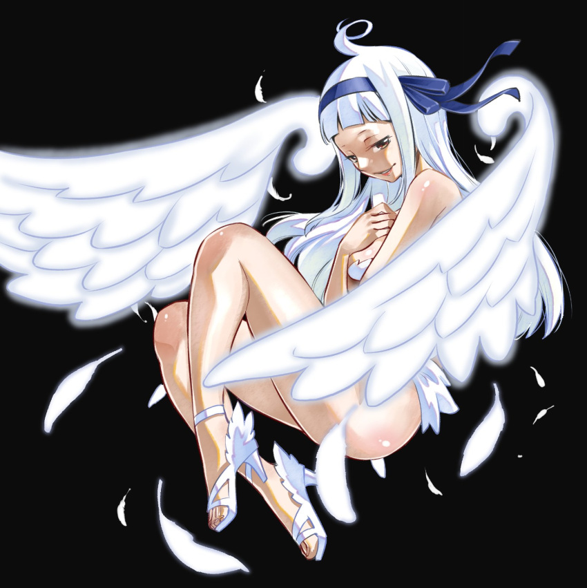 ahoge airborne angel_(fairy_tail) ass black_background blue_ribbon blunt_bangs breasts detached_wings fairy_tail feathers hair_ribbon half-closed_eyes hand_on_own_chest high_heels highres lipstick long_hair makeup mashima_hiro medium_breasts official_art parted_lips ribbon sandals white_feathers white_footwear white_hair white_wings wings