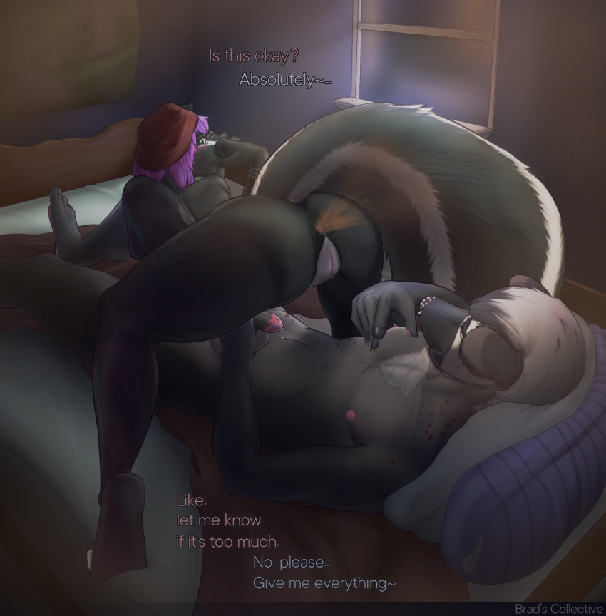 2022 5_fingers anthro anthro_on_anthro ass_up beanie bed bedding bedroom black_body black_fur blanket brad's_collective breasts butt_in_face chest_tuft circumcised clothing crouching detailed_background dialogue digital_media_(artwork) duo english_text fart fart_cloud feet female fingers fluffy fluffy_tail fur furniture genital_piercing genitals hand_on_face hat hat_only head_on_pillow headgear headgear_only headwear headwear_only hi_res high-angle_view humanoid_feet humanoid_genitalia humanoid_penis humanoid_pussy hyena inside looking_back lying male male/female mammal markings masturbation mephitid mostly_nude navel nipples nude on_back on_bed pattern_clothing penile penile_masturbation penis penis_piercing piercing plantigrade poster pussy raised_tail rear_view signature skunk striped_clothing striped_markings striped_tail stripes tail tail_markings teran text tuft window