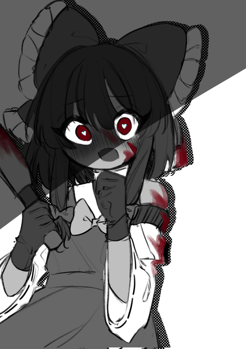 1girl blood blood_on_clothes bow bowtie detached_sleeves frilled_bow frills gloves greyscale hair_bow hakurei_reimu heart heart-shaped_pupils highres holding holding_knife knife looking_at_viewer medium_hair monochrome open_mouth sidelocks solo symbol-shaped_pupils tohou89 touhou yandere